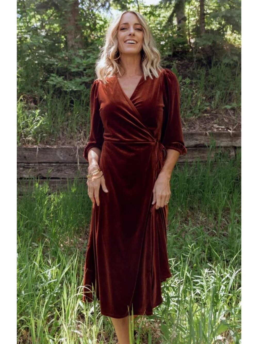 Baltic Born Beckinsale Midi Velvet Wrap Dress Cinnamon Rust Orange Medium Party
